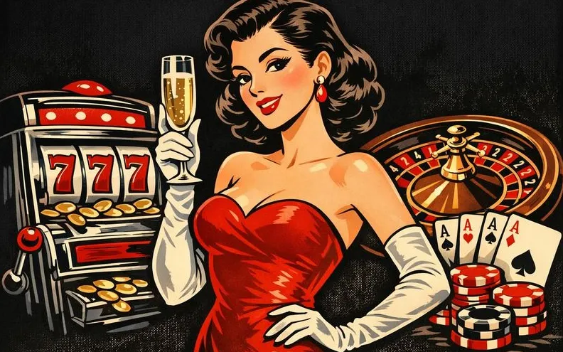 Illustrazione casinò retrò con slot 777, rulette e carte da gioco